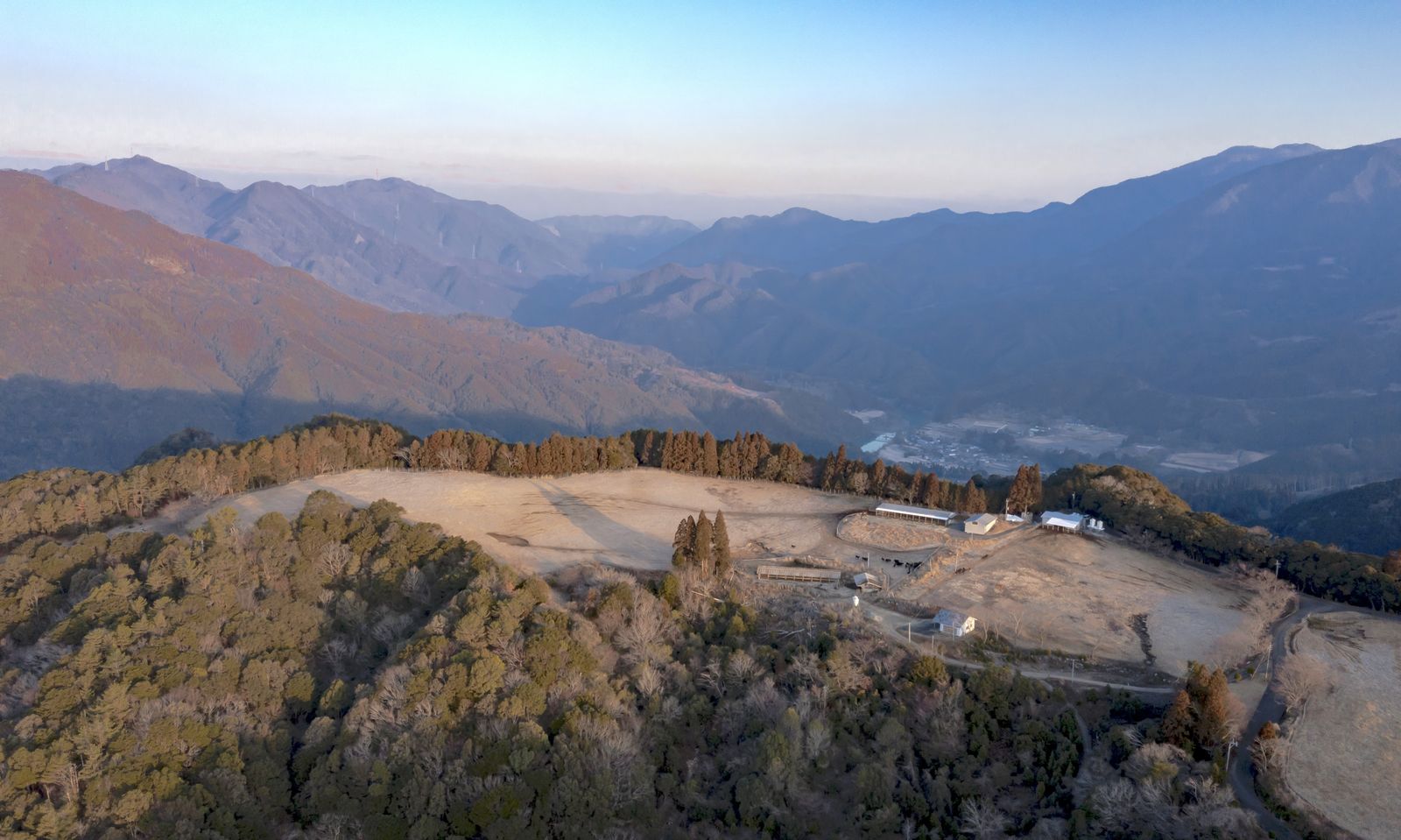 Aerial view of the farm in the Miyazaki mountains